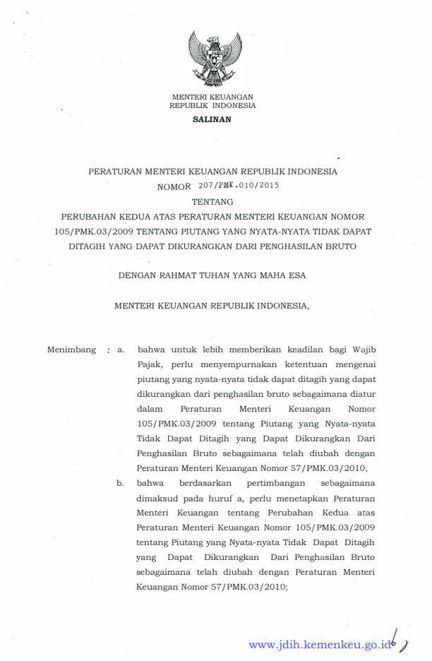 Peraturan Menteri Keuangan Nomor 207/PMK.010/2015