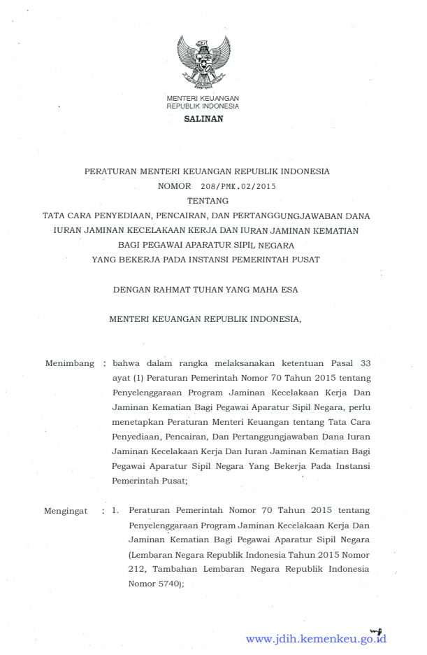 Peraturan Menteri Keuangan Nomor 208/PMK.02/2015