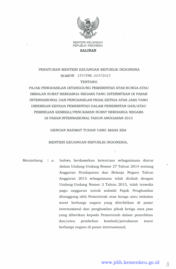 Peraturan Menteri Keuangan Nomor 210/PMK.010/2015