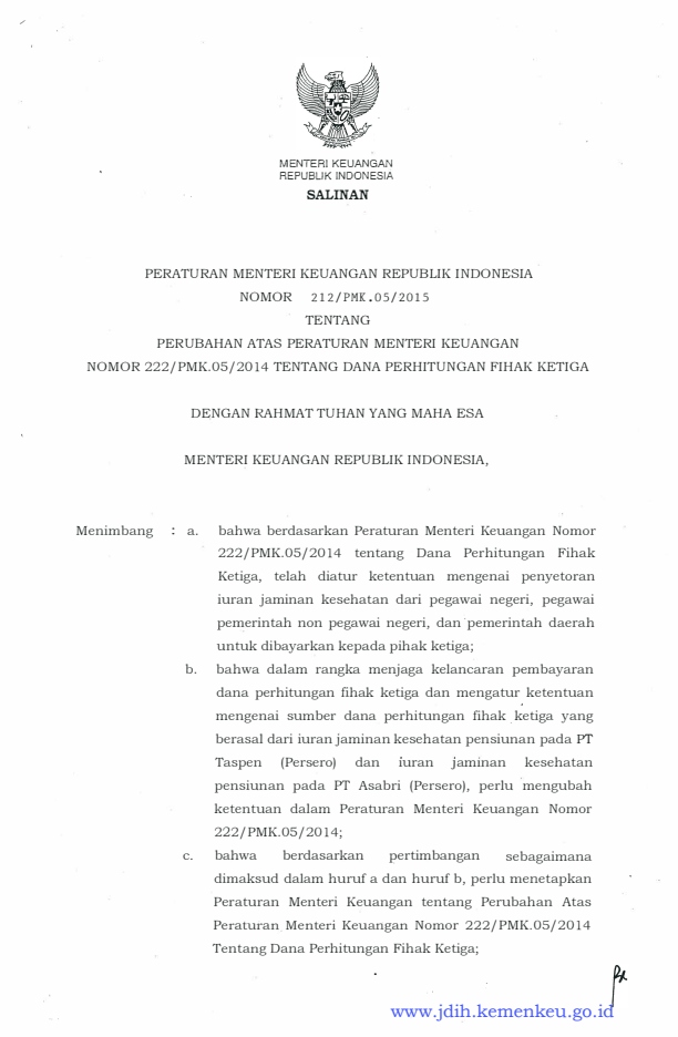 Peraturan Menteri Keuangan Nomor 212/PMK.05/2015