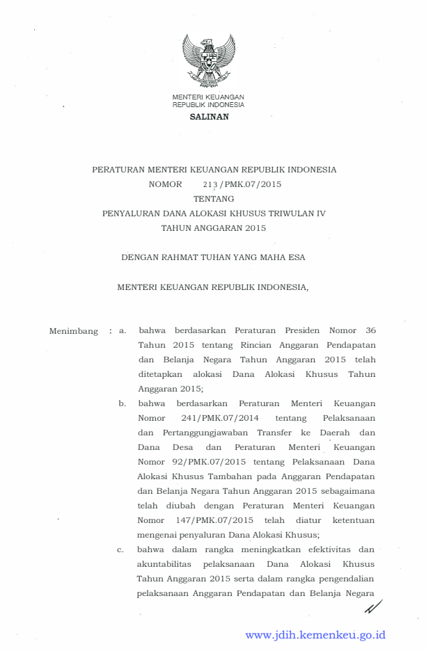 Peraturan Menteri Keuangan Nomor 213/PMK.07/2015