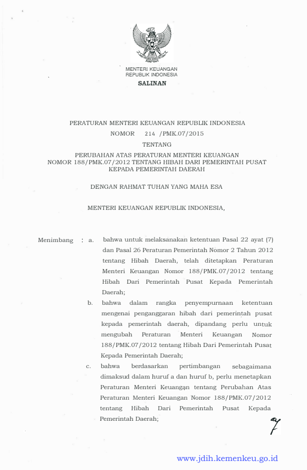 Peraturan Menteri Keuangan Nomor 214/PMK.07/2015