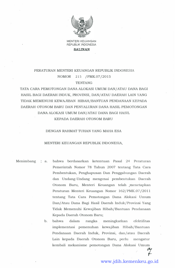 Peraturan Menteri Keuangan Nomor 215/PMK.07/2015