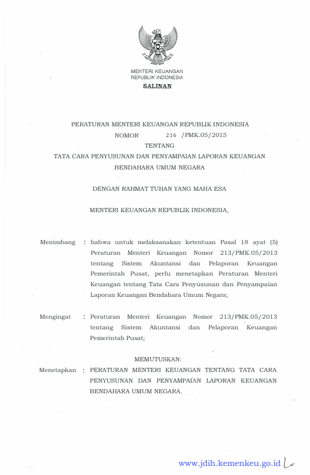 Peraturan Menteri Keuangan Nomor 216/PMK.05/2015