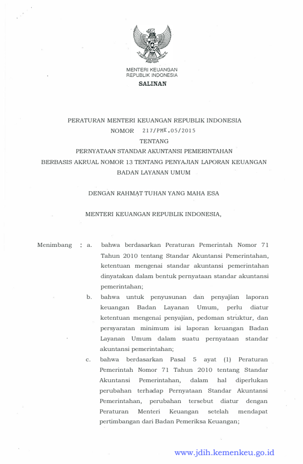 Peraturan Menteri Keuangan Nomor 217/PMK.05/2015