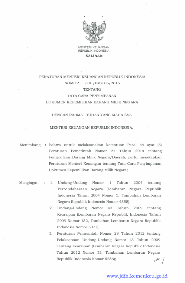 Peraturan Menteri Keuangan Nomor 218/PMK.06/2015