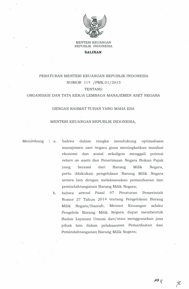 Peraturan Menteri Keuangan Nomor 219/PMK.01/2015