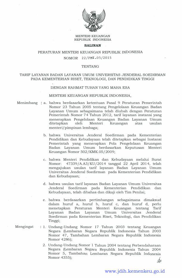 Peraturan Menteri Keuangan Nomor 22/PMK.05/2015