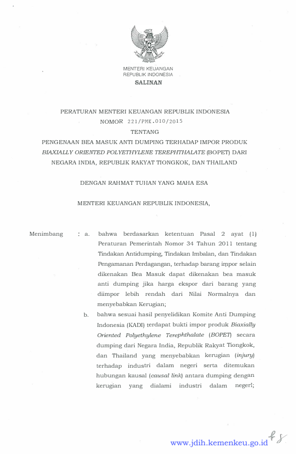 Peraturan Menteri Keuangan Nomor 221/PMK.010/2015