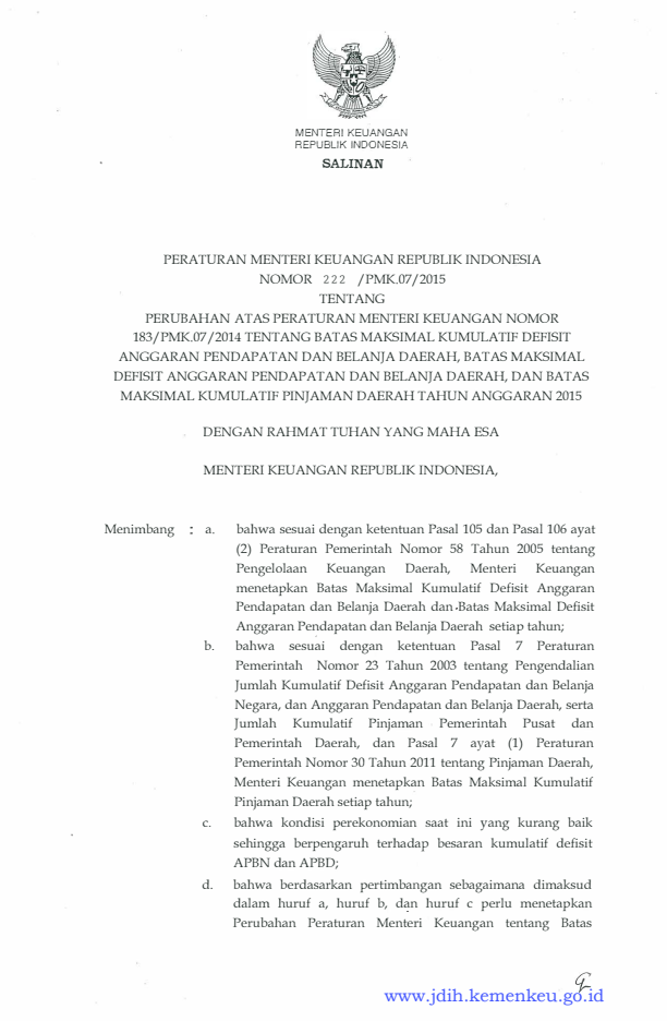 Peraturan Menteri Keuangan Nomor 222/PMK.07/2015