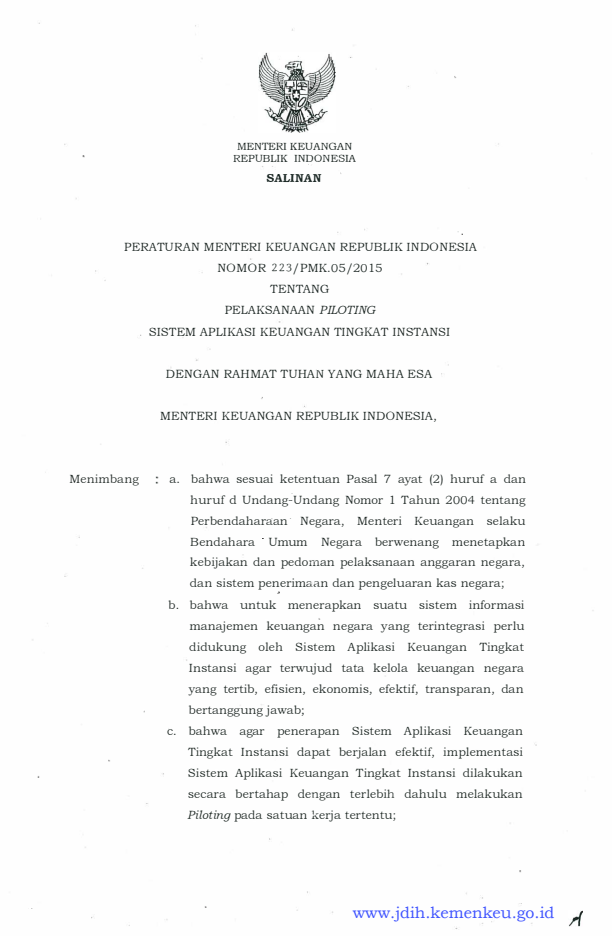 Peraturan Menteri Keuangan Nomor 223/PMK.05/2015