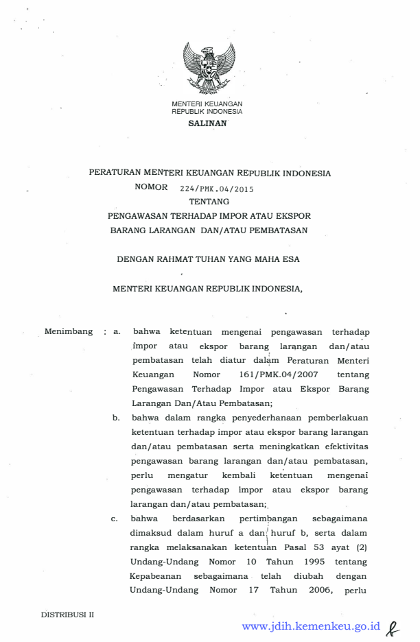 Peraturan Menteri Keuangan Nomor 224/PMK.04/2015