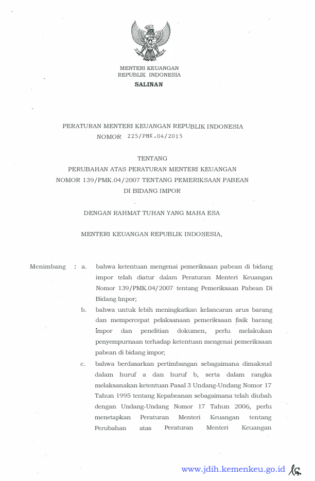 Peraturan Menteri Keuangan Nomor 225/PMK.04/2015