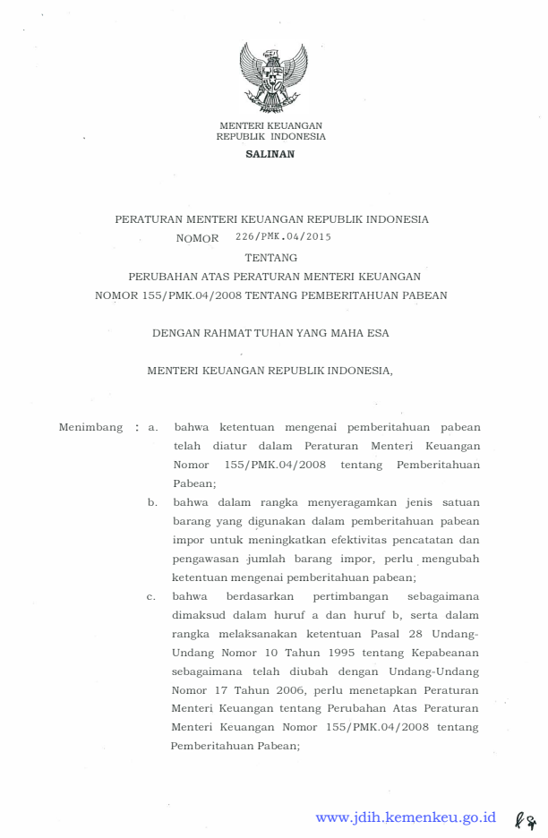 Peraturan Menteri Keuangan Nomor 226/PMK.04/2015