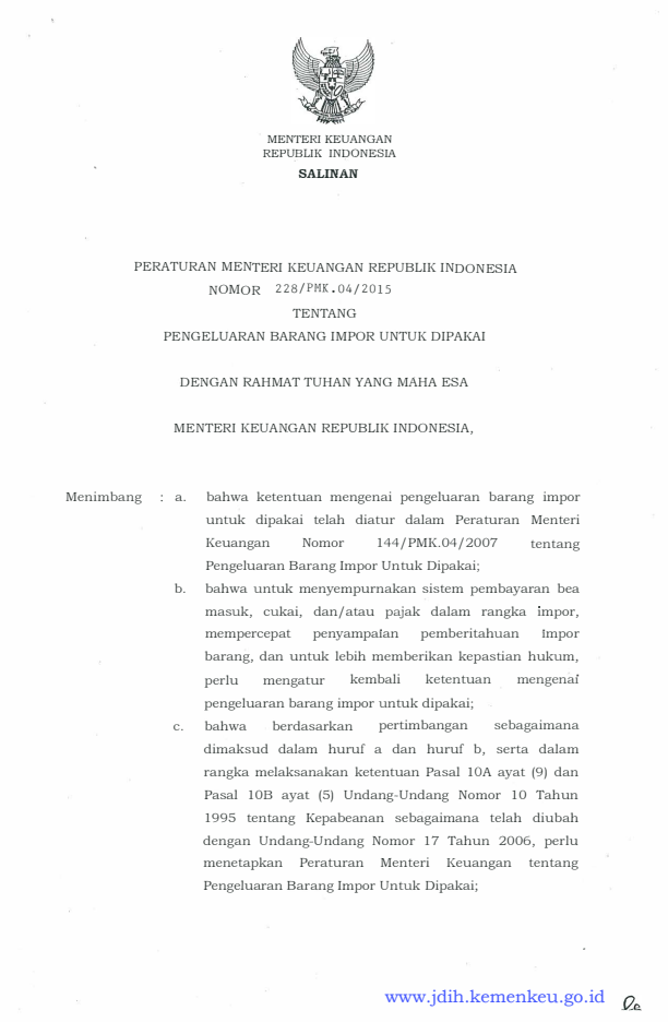 Peraturan Menteri Keuangan Nomor 228/PMK.04/2015