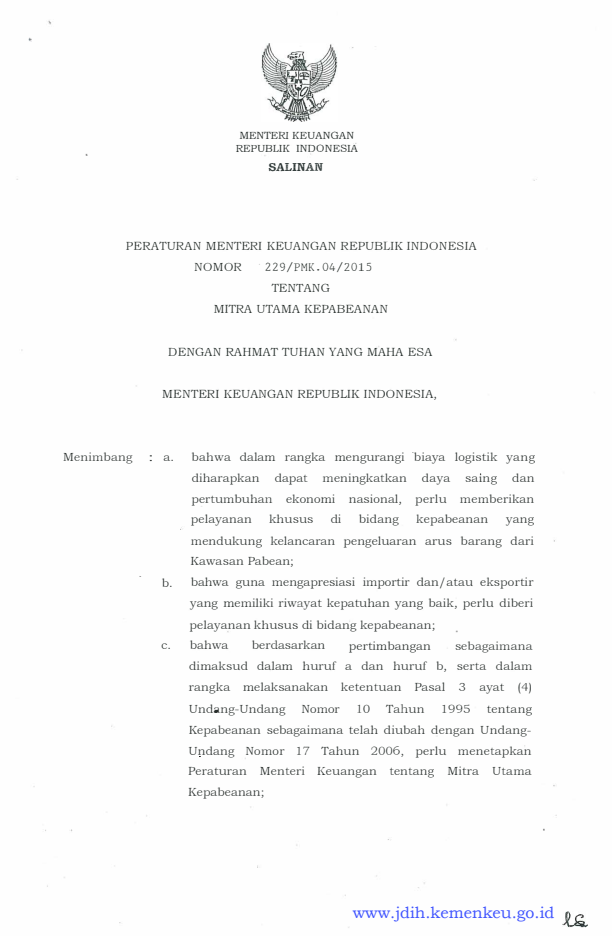 Peraturan Menteri Keuangan Nomor 229/PMK.04/2015