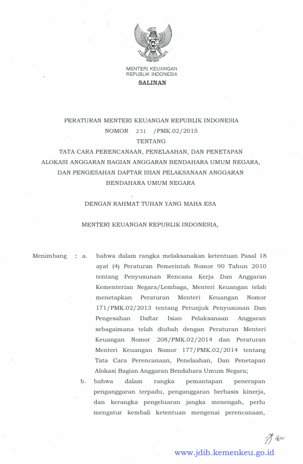 Peraturan Menteri Keuangan Nomor 231/PMK.02/2015