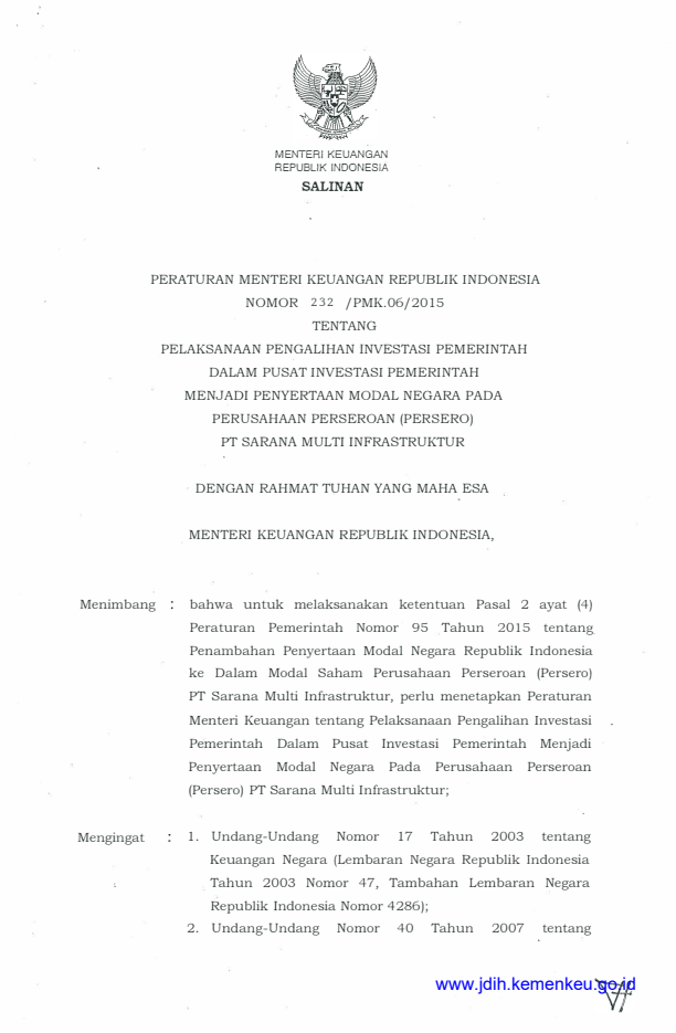 Peraturan Menteri Keuangan Nomor 232/PMK.06/2015