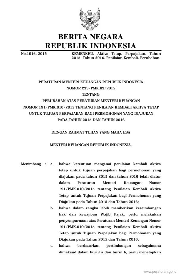 Peraturan Menteri Keuangan Nomor 233/PMK.03/2015