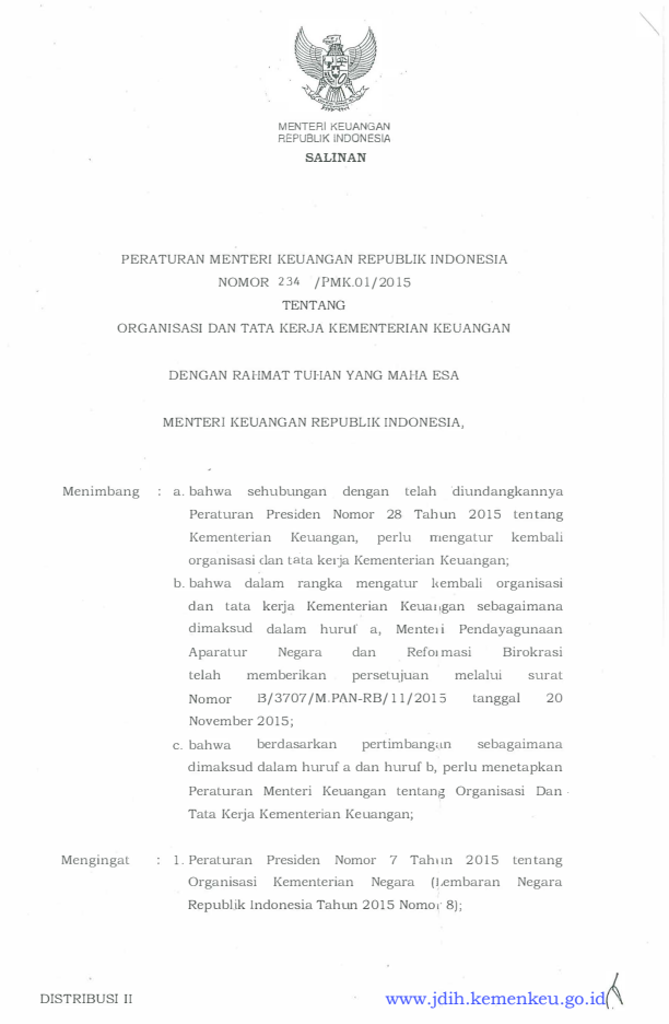 Peraturan Menteri Keuangan Nomor 234/PMK.01/2015