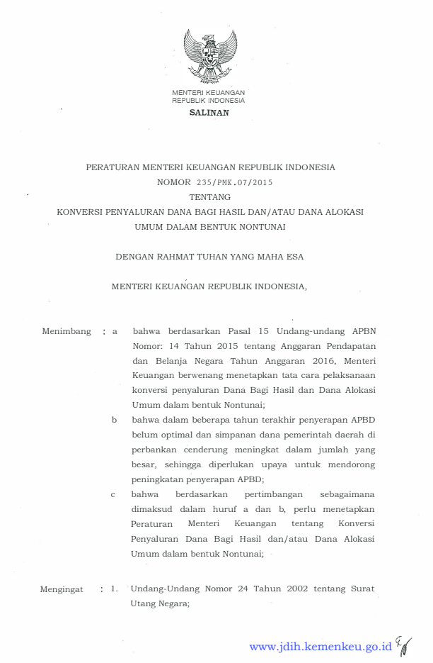 Peraturan Menteri Keuangan Nomor 235/PMK.07/2015