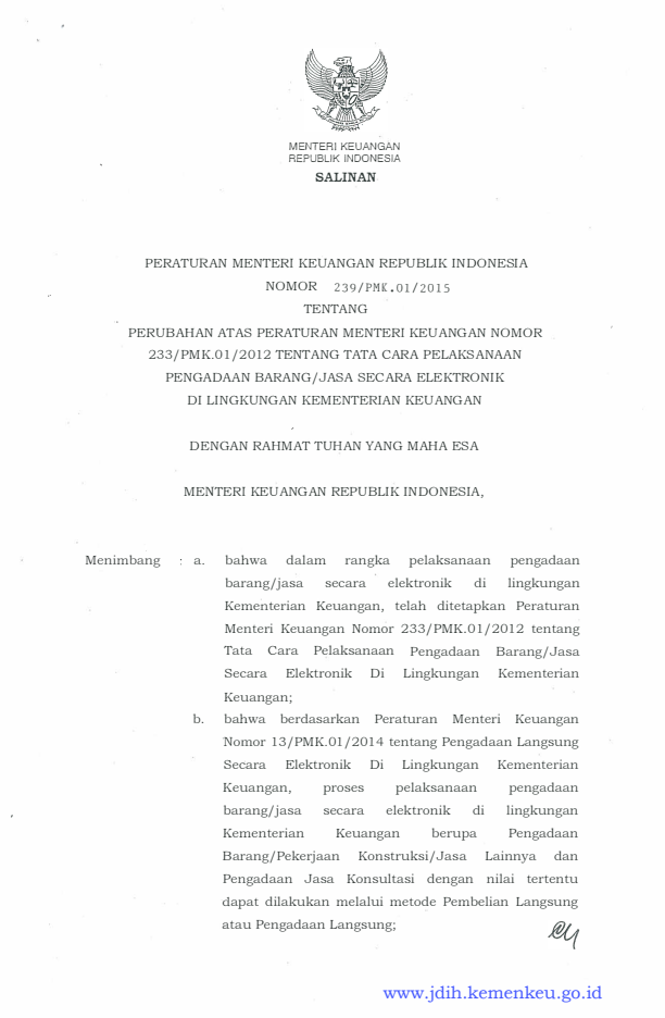 Peraturan Menteri Keuangan Nomor 239/PMK.01/2015