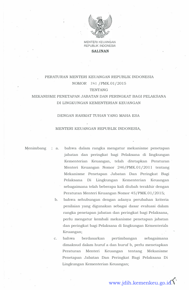 Peraturan Menteri Keuangan Nomor 241/PMK.01/2015