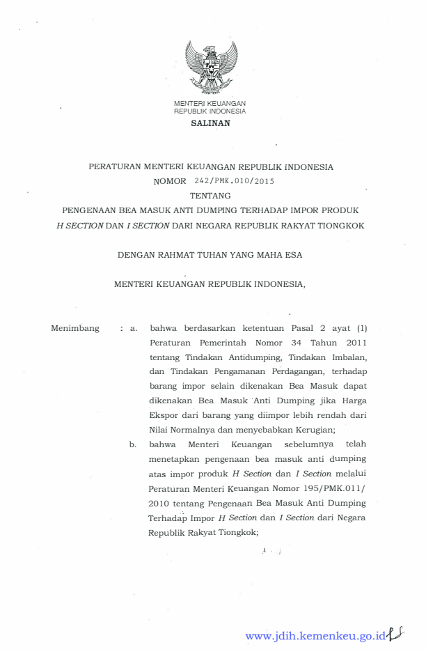 Peraturan Menteri Keuangan Nomor 242/PMK.010/2015