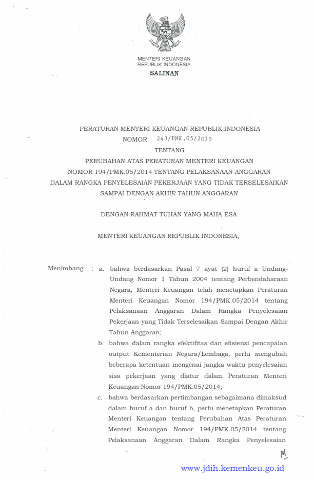 Peraturan Menteri Keuangan Nomor 243/PMK.05/2015