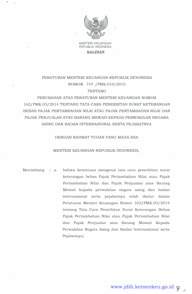 Peraturan Menteri Keuangan Nomor 248/PMK.010/2015