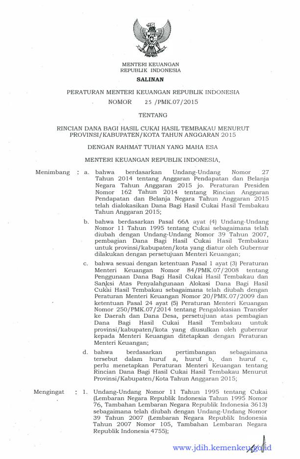 Peraturan Menteri Keuangan Nomor 25/PMK.07/2015