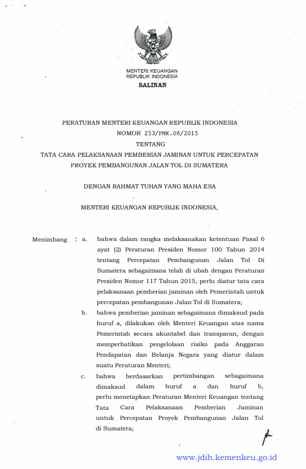 Peraturan Menteri Keuangan Nomor 253/PMK.08/2015