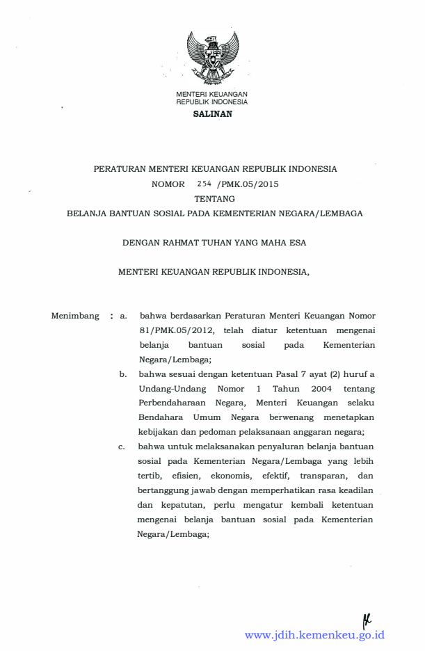 Peraturan Menteri Keuangan Nomor 254/PMK.05/2015