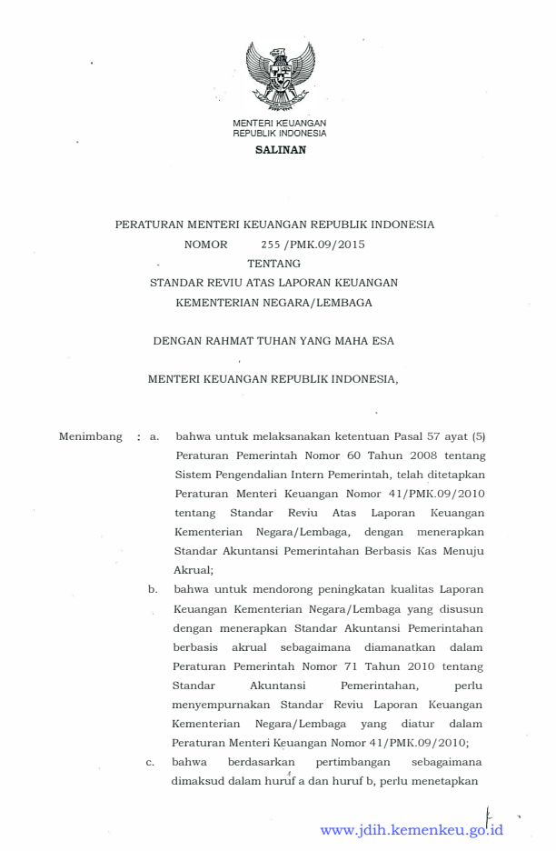 Peraturan Menteri Keuangan Nomor 255/PMK.09/2015