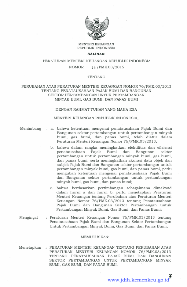 Peraturan Menteri Keuangan Nomor 26/PMK.03/2015