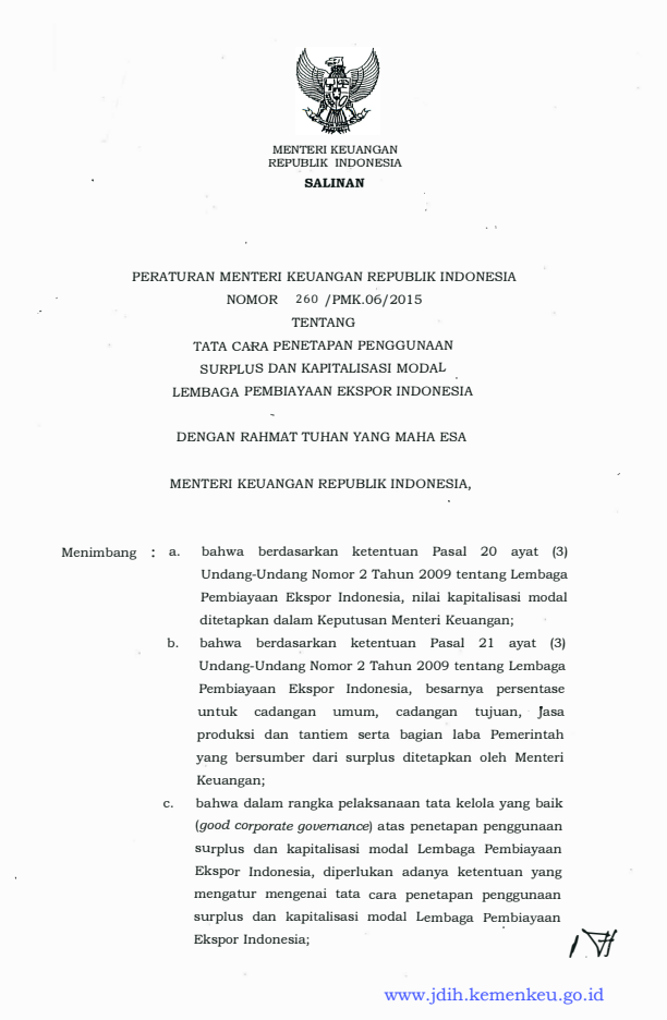 Peraturan Menteri Keuangan Nomor 260/PMK.06/2015