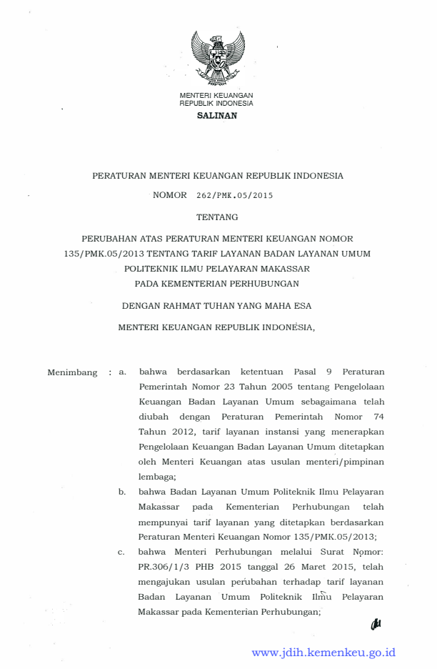 Peraturan Menteri Keuangan Nomor 262/PMK.05/2015