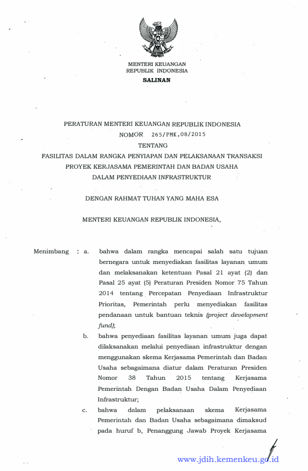 Peraturan Menteri Keuangan Nomor 265/PMK.08/2015