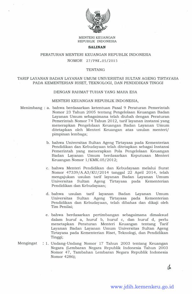 Peraturan Menteri Keuangan Nomor 27/PMK.05/2015