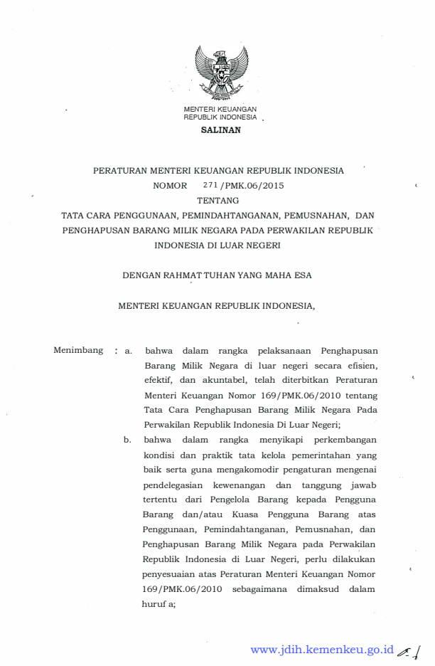 Peraturan Menteri Keuangan Nomor 271/PMK.06/2015