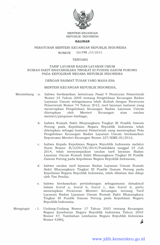 Peraturan Menteri Keuangan Nomor 28/PMK.05/2015