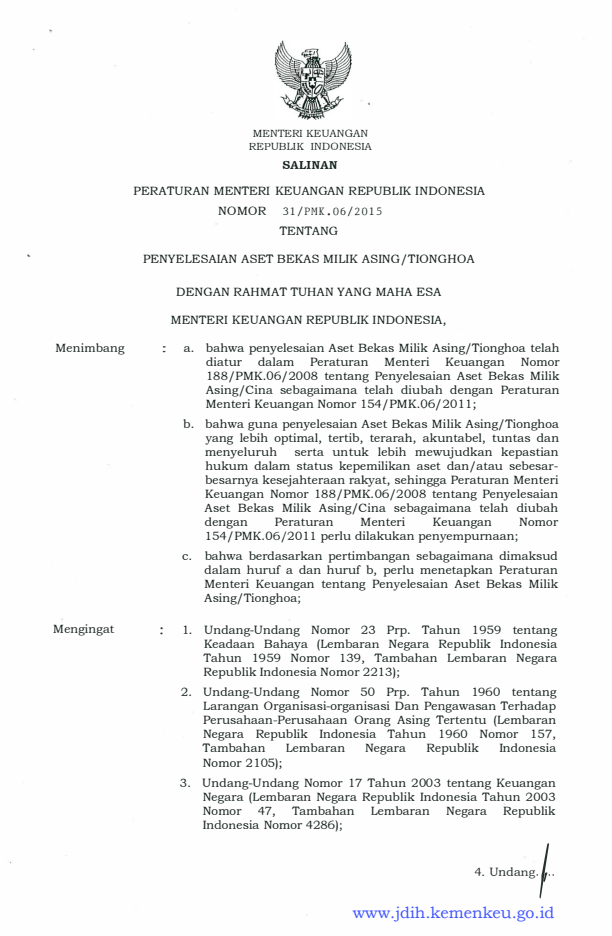 Peraturan Menteri Keuangan Nomor 31/PMK.06/2015