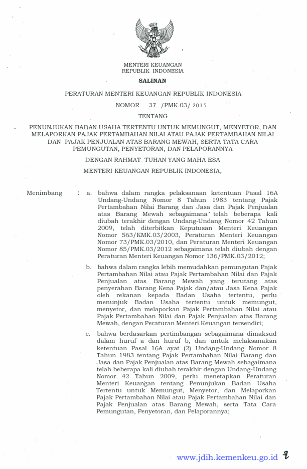 Peraturan Menteri Keuangan Nomor 37/PMK.03/2015