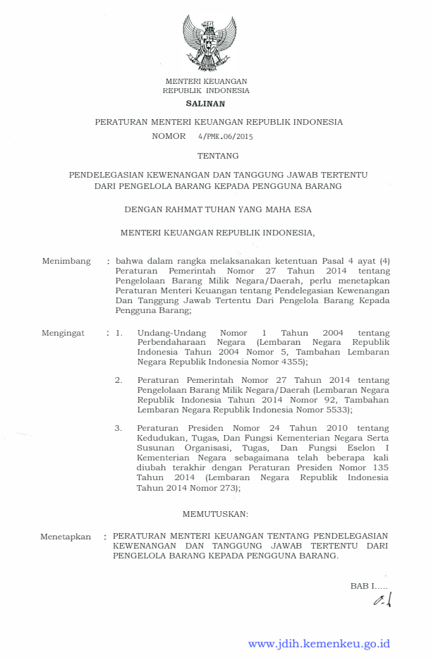 Peraturan Menteri Keuangan Nomor 4/PMK.06/2015