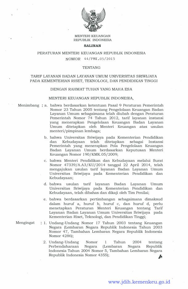 Peraturan Menteri Keuangan Nomor 44/PMK.05/2015