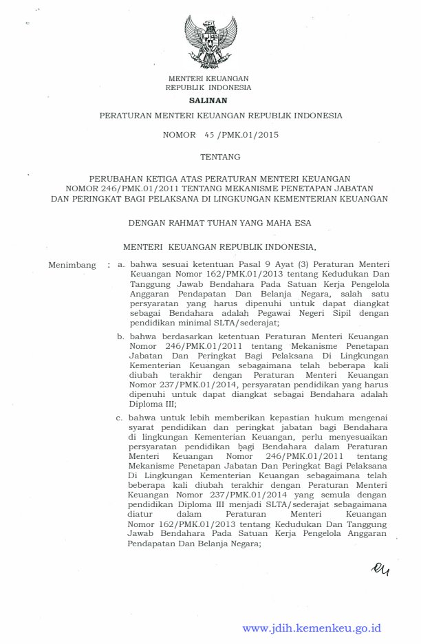 Peraturan Menteri Keuangan Nomor 45/PMK.01/2015