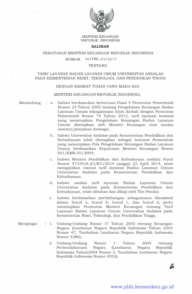 Peraturan Menteri Keuangan Nomor 46/PMK.05/2015