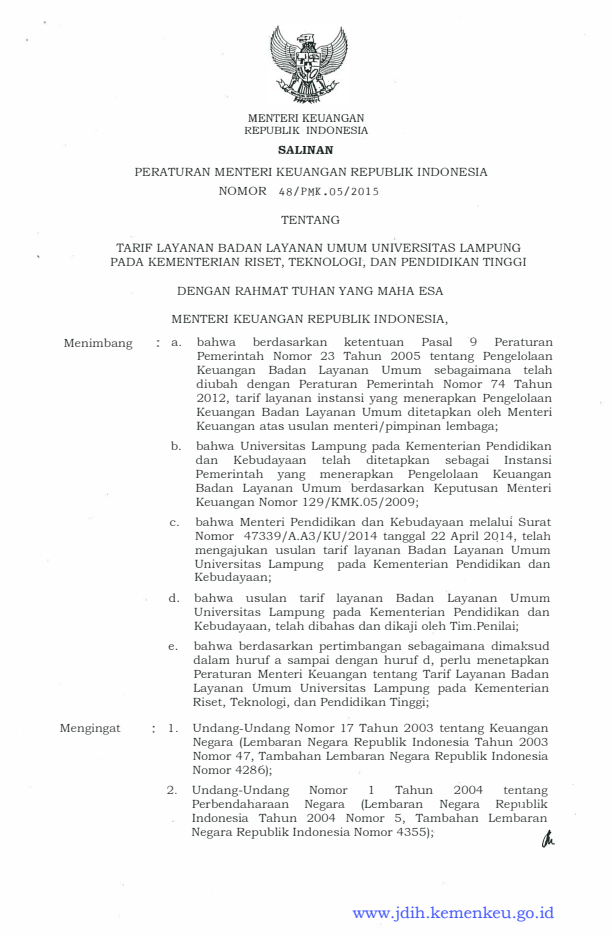 Peraturan Menteri Keuangan Nomor 48/PMK.05/2015