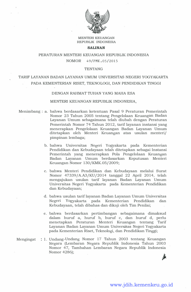 Peraturan Menteri Keuangan Nomor 49/PMK.05/2015