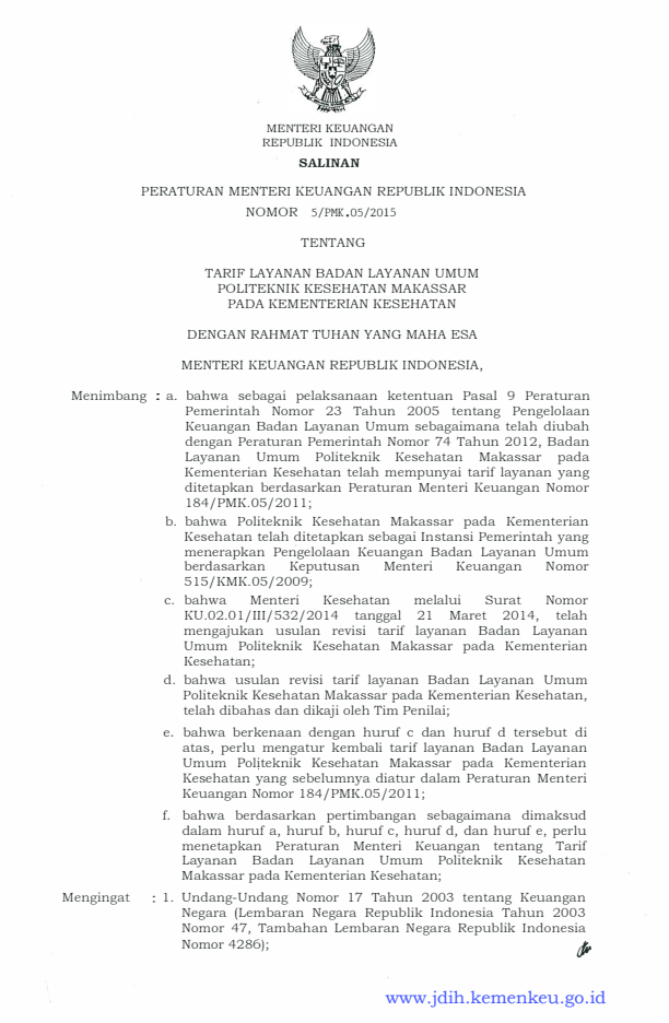 Peraturan Menteri Keuangan Nomor 5/PMK.05/2015